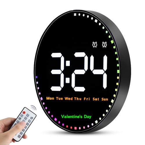 Reloj de Pared Digital Grande 10', Despertador Enchufable, 12/24H Reloj de Gimnasio con Control Remoto/Count Up & Down/10-Niveles de Atenuación/Alarma Dual/Día/Fecha/Temp/Luz Colorida/Reloj Festivo