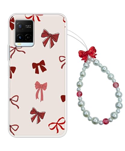 Image of Printed Back Cover for Vivo Y21 2021 Back Case with Phone Charm Chain Strap Beads & Pearls for Girls Stylish - Maroon Bows tie Girls Phone Cases Design - D17027