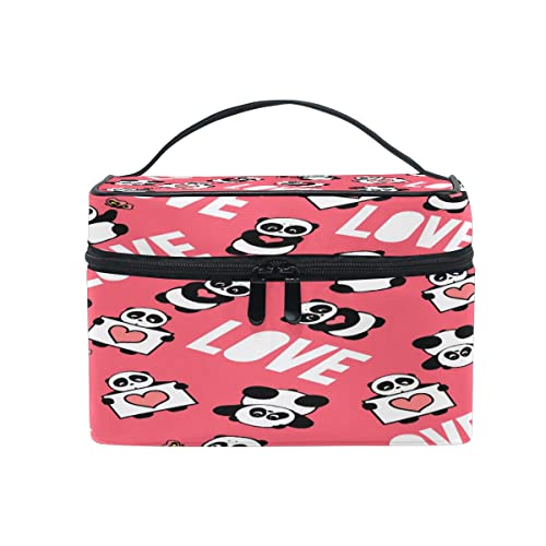 Bolsa de maquillaje, bonito y divertido panda con corazón rosa, almacenamiento de artículos de tocador grandes con asa de viaje, compartimentos personalizados para adolescentes, mujeres, damas, regalo
