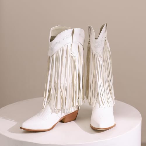Women's Fringe Cowboy Knee High Boots Cowgirl Boots Pointed Toe Tassel Block Heel Embroidery Stitched Western Boots2