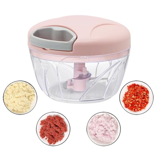 Mini Manual Vegetables Chopper, Uooker Multi-Functional Pull String Food Processor, Food Slicer for Vegetables, Garlic, Peppers, Onions, Meat, Fruits, Kitchen Mini Food Chopper (Pink)