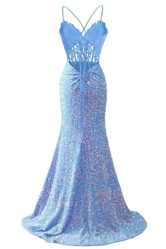 Sparkly Sequin Lace Applique Prom Dresses for Women 2025 Spaghetti Strap Mermaid Slit Long Evening Party Gowns2