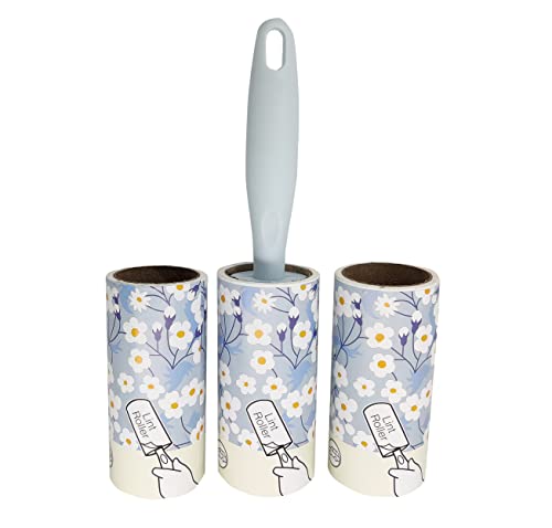 Image of House of Quirk Lint Rollers Brush Reusable Sticky Picker Cleaner Roller Easy-Tear Sheets Pet Hair Lint Roller 10cm Sheet Set of 3 Rolls 180 Sheets, 60 Sheets Each roll - Blue Daisy