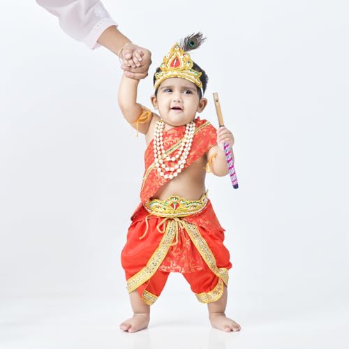 Image of ITSMYCOSTUME Krishna Dress for Baby Boy Kids Set of 10(Dhoti,Hip Cover,Patka,Mukut,Morpankh,Bansuri,Kamarband,Bajuband,Kundal) Little Krishna Ji Kanha Janmasthmi Costume