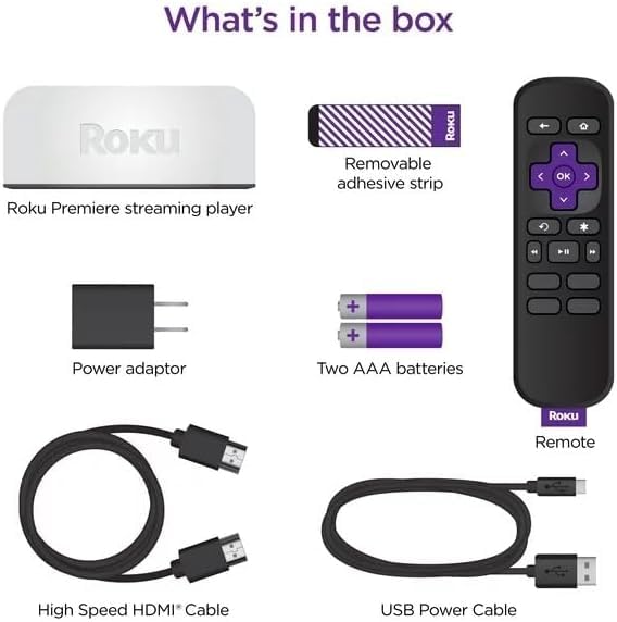 Roku 3920RW-SW Premiere - 4K/HDR Streaming Media Player, Enabled with Premium High Speed HDMI Cable & Simple Remote, Wi-Fi, with HDMI Cable and USB Extension Cord