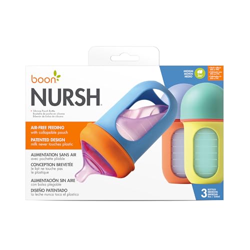 Image of Boon Nursh Bottles - Silicone Baby Bottles Help Ease Colic Symptoms - Reusable Food-Grade Silicone Pouches with Polypropylene Shell - Medium Flow - 8 Oz - Color Block,(Pack of 36)