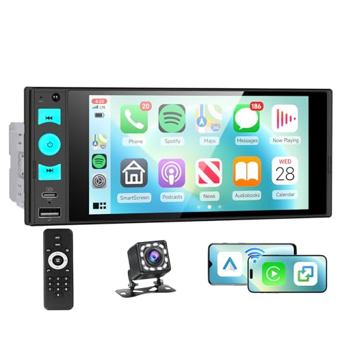 Hodozzy 1 DIN�J�[���W�I ���C�����XCarPlay/Android Auto�~���[�����O�Ή� 6�C���`�C���Z���^�b�`�X�N���[������ 1DIN�J�[�X�e���I MP5�v���C���[ Bluetooth/FM���W�I/EQ/�X�e�A�����O�z�C�[���R���g���[��/