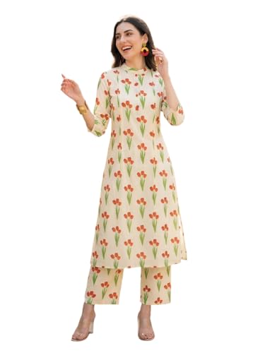 Image of INDO ERA Women Cotton White Printed Straight Kurta Pant Set