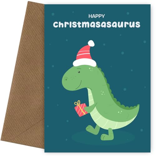 ¡Feliz Navidad! Divertida tarjeta de Navidad de dinosaurio para nieto, sobrino, hijo, saludos navideños novedosos para niños