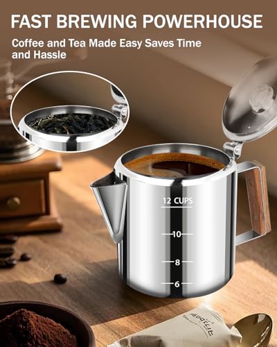 Image of Coffee Maker Coffee Percolator 304 Stainless Steel Pot Stovetop Easy Brewing Even Heating 12 Cup 74.4oz 2200ml Silver Classic Design Heat Resistant Home Camping Outdoor