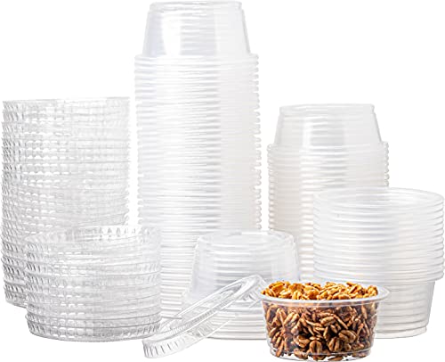 Crystalware Plastic Portion Cups with Lids, Condiment Cup, Jello Shot, Soufflé Portion, Sampling Cup 2oz. 100 Cups/Lids