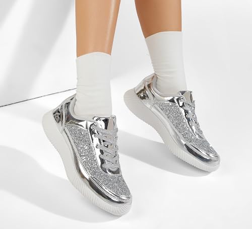 Image of BELOS Women's Glitter Shoes Sparkly Lightweight Metallic Sequins Tennis Shoes Casual Retro Braided Walking Shoes