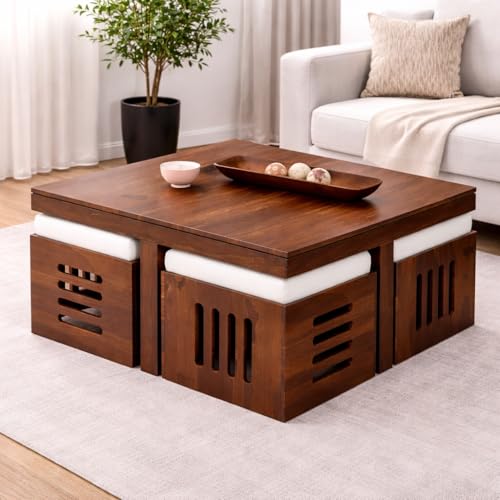 Image of WELL KNOWN Solid Sheesham Wood Round Shape Folding Coffee Table, Center 1 Table for Indoor & Garden Outdoor, Fold-Away Coffee tee (Natural Finish with 4 Stool)