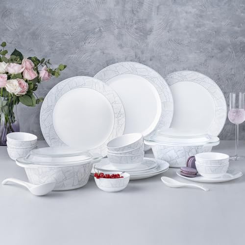 Image of Larah by Borosil 51pc Opalware Ivy Dinner Set for Family of 8 | Microwave & Dishwasher Safe Crockery Set for Dining & Gifting | Plates & Bowls