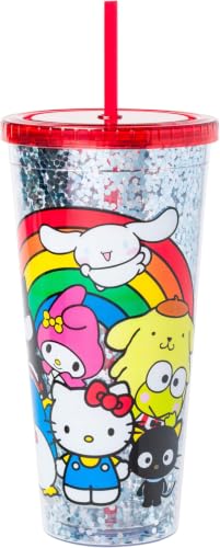 Image of Silver Buffalo Sanrio Hello Kitty & Friends Featuring Cinnamoroll, Badtz-Maru, My Melody, Pompompurin, Tuxedo Sam, Chococat Rainbow Plastic Confetti Cold Cup with Lid & Straw, 32 Ounces (Pack of 12)
