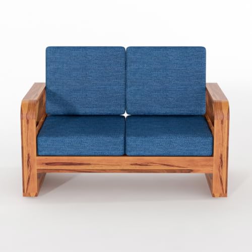 Image of Solid Sheesham Wooden 4 Seater Sofa Set for Living Room | Sofa Set with Side Pocket Storage & Cushion | Rosewood Sofa Set for Home (Honey with Blue Cushion, 4 Seater)