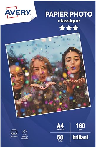 Avery Papier A4 160/m² Brillant - 50 Feuilles - Papier Photo A4 Brillant- Jet d'Encre, Séchage Instantané, FSC Certifié, Couleurs Éclatantes, Résistant, Finition Professionnelle