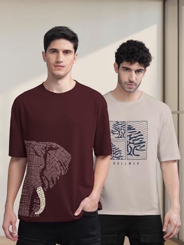Image of BULLMER Trendy Front and Back Printed Oversized Round Neck T-Shirt for Men - Pack of 2