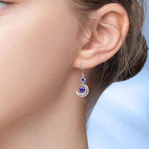 Shysnow Moon Birthstone Earrings for Women 925 Sterling Silver Half Moon Star Dangle Drop Earrings with Heart Crystal Birthday Jewelry for Women4