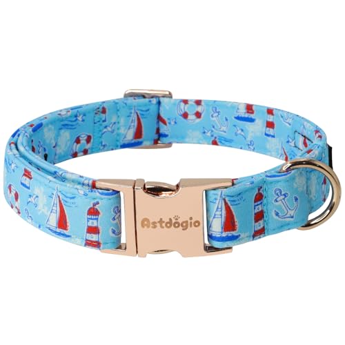 Astdogio Nautical Dog Collar, Cotton Sailboat & Seagull, S