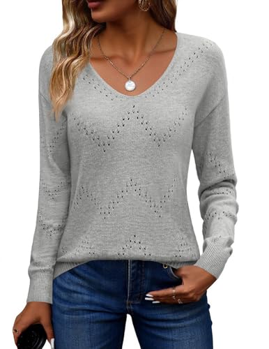 Image of Zeagoo Womens Sweaters Fall Trendy Casual Long Sleeve Shirt Lightweight V Neck Off Shoulder Crochet Pullover Top Outfit