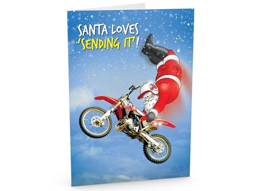 STREET SANTA - Freestyle Motocross Christmas Card - Santa Superman Manoeuvre on Motorbike, Hand-Drawn UK Illustration, Large A5-Sized (210mm x 148mm), Gloss Finish, Blank Inside