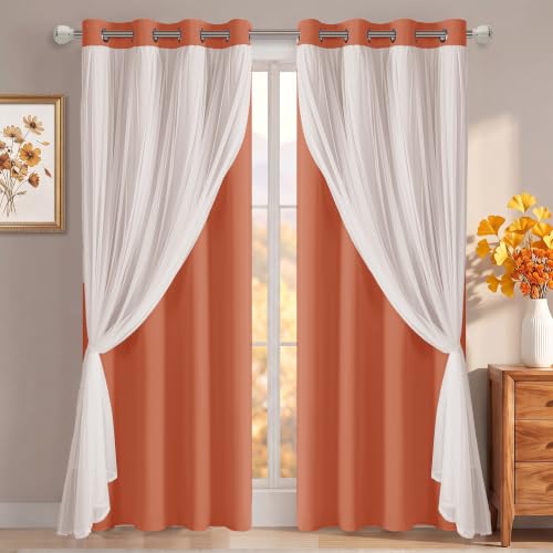 Image of DWCN Orange Blackout Curtains with Sheer Overlay with Tiebacks 84 Inch Long