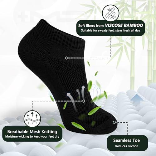 Image of +MD 6 Pairs Viscose Bamboo Ankle Socks for Mens /Womens, Liner Cushion Wicking Smell Control, Athletic Running Casual Low Cut Socks 6Black14-16