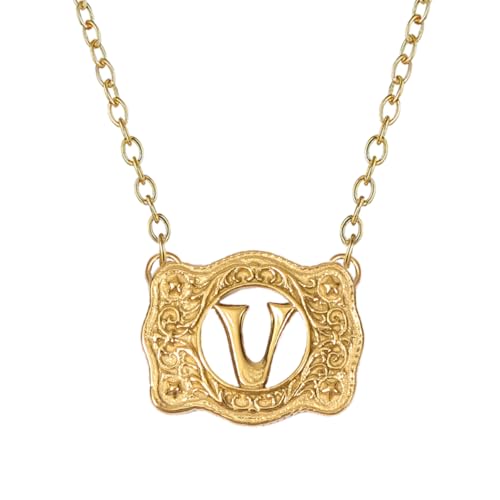 14K Gold Belt Buckle Necklace Western Style Initial Letter Pendant Necklace, Decorative Belt Buckle Frame Design