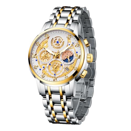 ANYUAN Luxury Mens Moon Phase Watch Multifunction Quartz Chronograph Wristwatch with Luminous Dial Waterproof Stainless Steel Strap