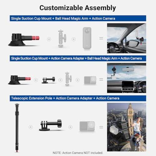 Image of NEEWER Triple Suction Cup Car Mount Kit, Two 24 inch Aluminum Alloy Extension Poles, NATO Rail, Action Camera Adapter Compatible with GoPro DJI Insta 360, Max Load 2.2 lb, CA166