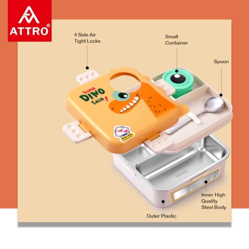 Image of ATTRO Carnival Super Dino Lunch Box 2 Layer Stainless Steel Lunch Box Comes with 1 Detachable Tray, 1 Small Container & 1 Spoon Ideal for Kids BPA Free 1120ml+70ml- Yellow