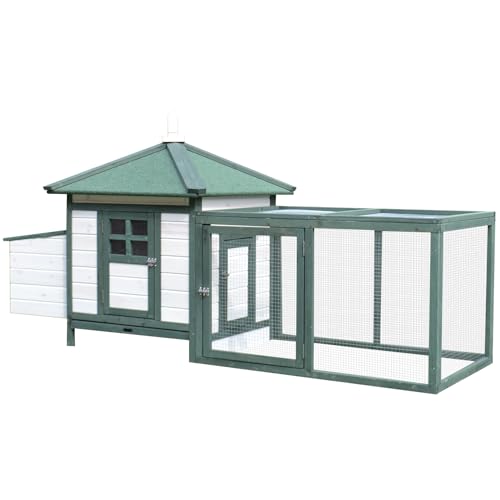 PawHut Gallinero de Madera de Pino Refugio Jaula para Gallinas Pollos Exterior con Caja Nido Bandeja Extraíble y Espacio para Correr 196x76x97 cm Verde y Blanco