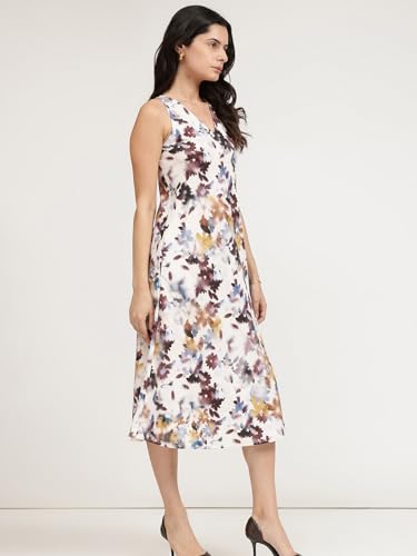 Image of FableStreet Women Party Dress | Elegant A-Line Fit Midi Length V-Neck Sleeveless | Lustrous Satin Fabric for Evening Gatherings & Celebrations