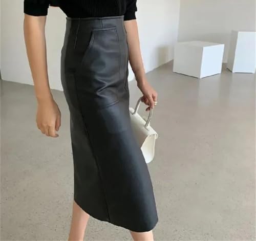 Womens High Waist Faux Leather Straight Skirt Vintage Casual Long Split Skirt with Pockets4