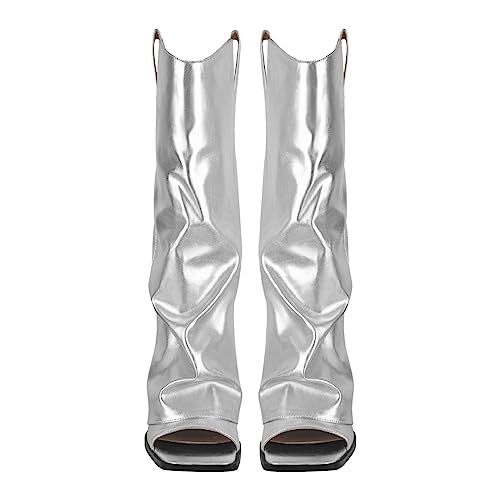 Richealnana Women's Fold Over Cowboy Cowgirl Western Style Boots Jeans Boots Calf High Open Square Toe for Women Breathable Pull On Boots4