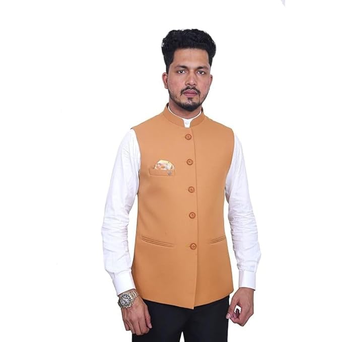 Men Slim Fit Cotton Blend Waistcoat Half Jacket (Mustard)-picture-23