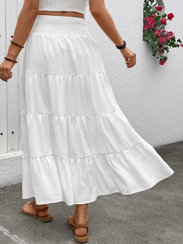 Women's Casual Summer Maxi Skirts Boho Elegant Solid Color Flowy Drawstring Ruched A Line Tiered Midi Skirt4