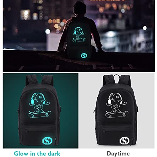 Skateboard Anime Luminous School Backpack with USB Charging Port, Anti Theft Lock, Sling Bag & Pencil Case for Teen Boys and Girls, College Bookbag Lightweight Laptop Bag, Black3