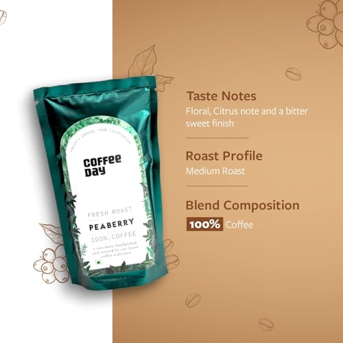 Image of Cafe Coffee Day - Peaberry 100% Coffee - 200Gm Each (Pack Of 2)|Medium To Dark Roast|South Indian Filter Coffee Pouch|Fresh From Chikmagalur Factory