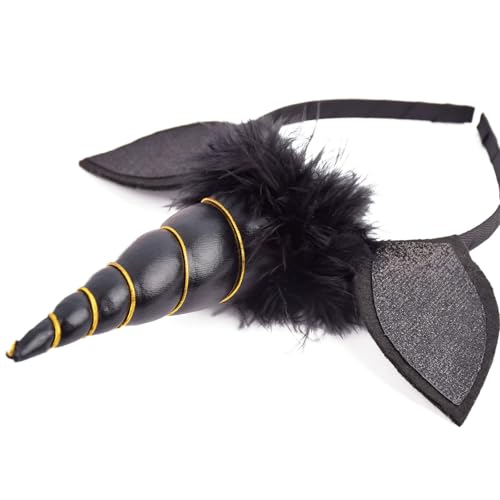 Roffiy Unicorn Horn Headband Black Furry Unicorn Ears Pony Hairband – Magical Blossom Hair Accessory for Women Cosplay & Birthday Party Halloween