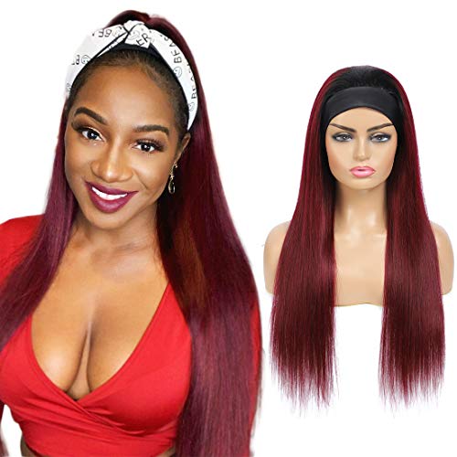 Ombre Red Straight Headband Wig for Black Women, Color Burgundy 100% Unprocessed Human Hair Wigs, Red Wine None Lace Front Wigs with Headband (14", 1B/Burgundy, Straight)