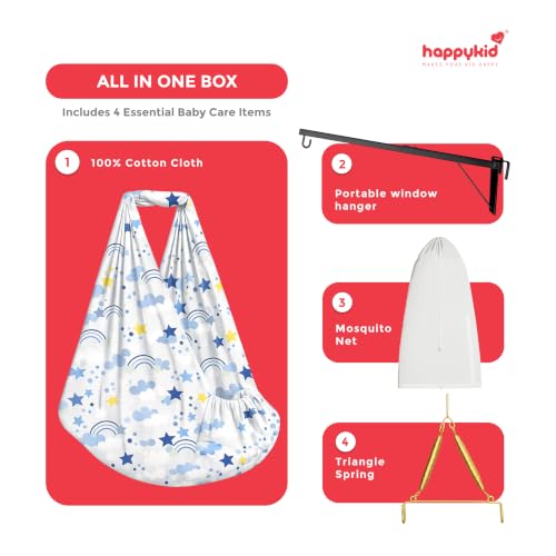 Image of Happykid Baby Cradle Set | Durable Cotton Cloth, Mosquito Net, Spring, Triangle and Window Hanger (Blue, Without Bed)