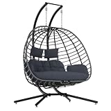 SWITTE Double Egg Chair Outdoor with Stand, Patio Hanging Swing, Grey