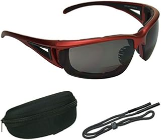 Bikershades Motorcycle Riding Safety Bifocal Sunglasses Foam Padded Men Women Z87 Wind-Proof 2.50 Reader Grey Tinted Red Frame Zipper Hard Case and Eye-Wear Retainer