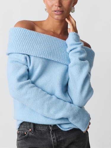 Image of Women Cute Off The Shoulder Sweater Sexy Long Sleeve Slouchy Knit Loose Fit Pullover Top Going Out Knitwear Jumper