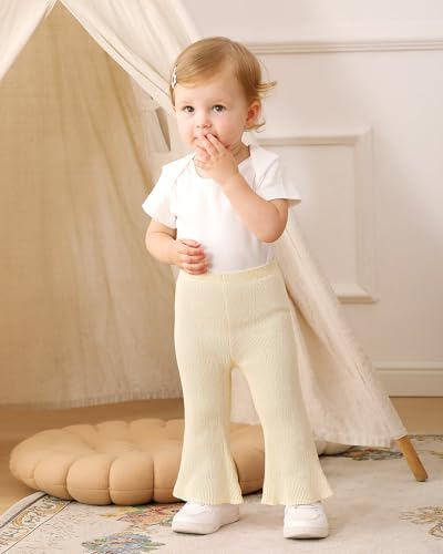 3 Pack Baby Girl Pants: Infant Solid Ribbed Flare Pants Cotton Pull On Bottoms Leggings for Toddler 0-24 Months2