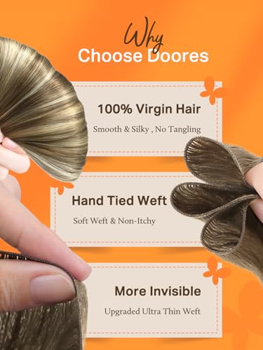 Image of DOORES Hand Tied Weft Hair Extensions Human Hair, 18 Inch Ash Brown to Platinum Blonde 50g, Hair Extensions Human Hair Natural Straight