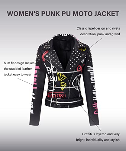RISISSIDA Women Faux Leather Jacket Studded Rivet Spring Fall Fashion, Hip-Length Moto Biker Trendy Clothes Streetwear Belted