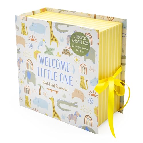 Lullaby Animals - Caja de recuerdos de bebé con 6 cajones para recuerdos de recién nacido, regalo para bebé con cierre de cinta